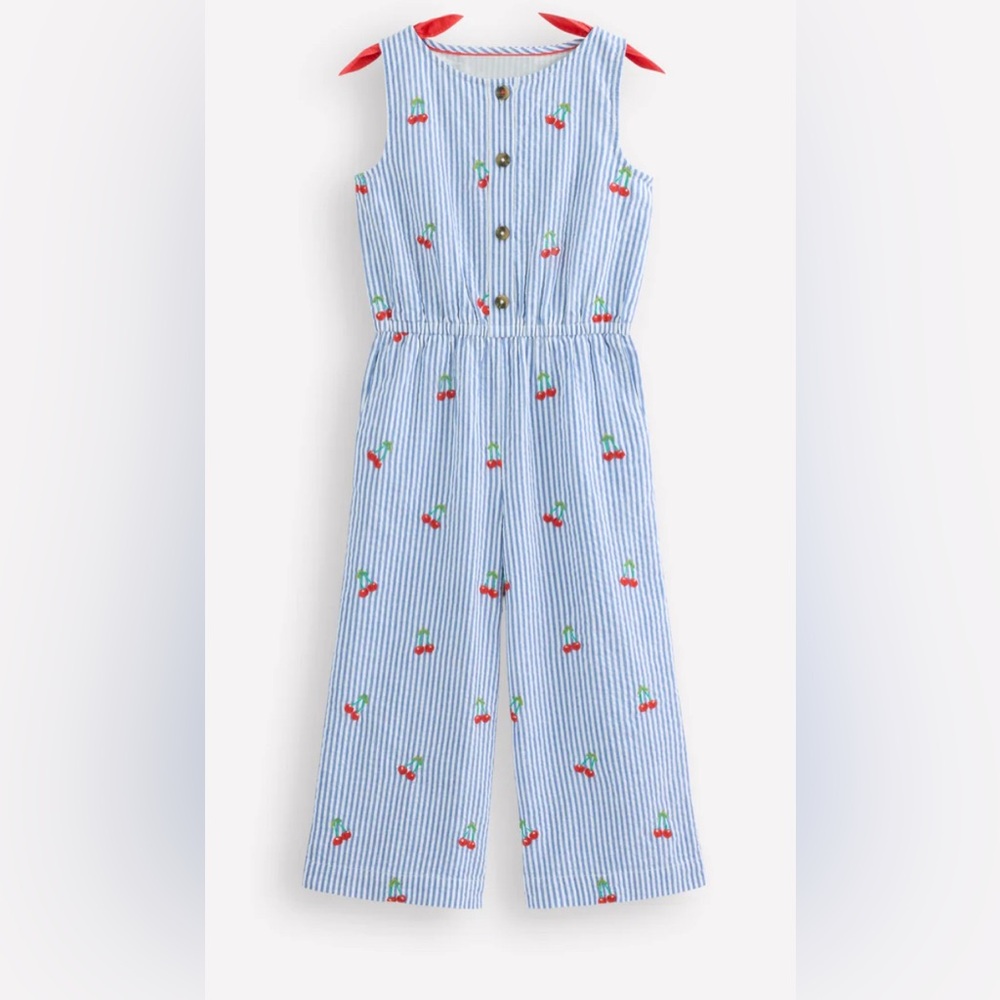 Striped Blue Kids Jumpsuit with Cherry Print
